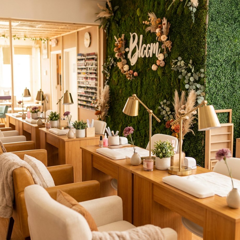 Interior del salón de uñas Bloom Doral en Doral, FL: estaciones de manicure de madera con lámparas doradas junto a la pared verde con el rótulo Bloom